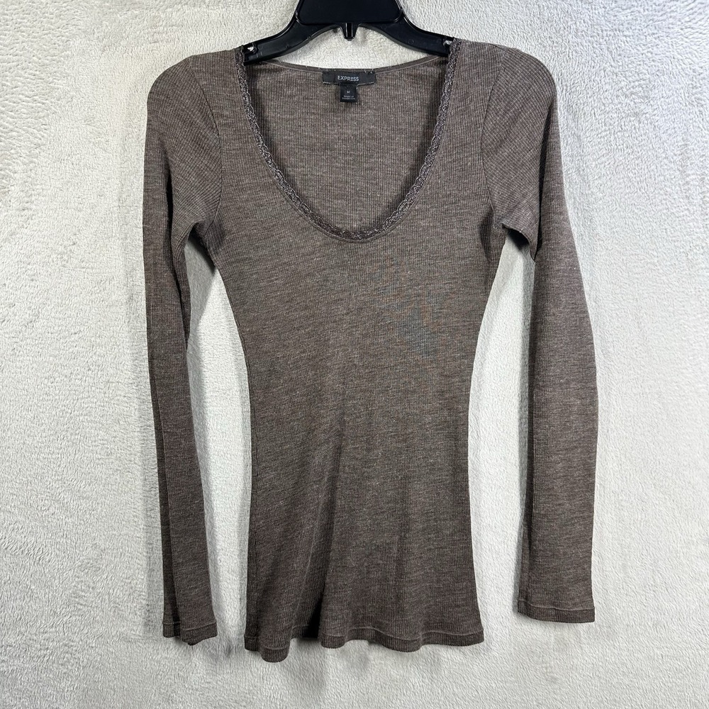 Express Vintage Y2K Scoop Neck Top Sz M Slim Fit Lace Trim Wool‎ Blend